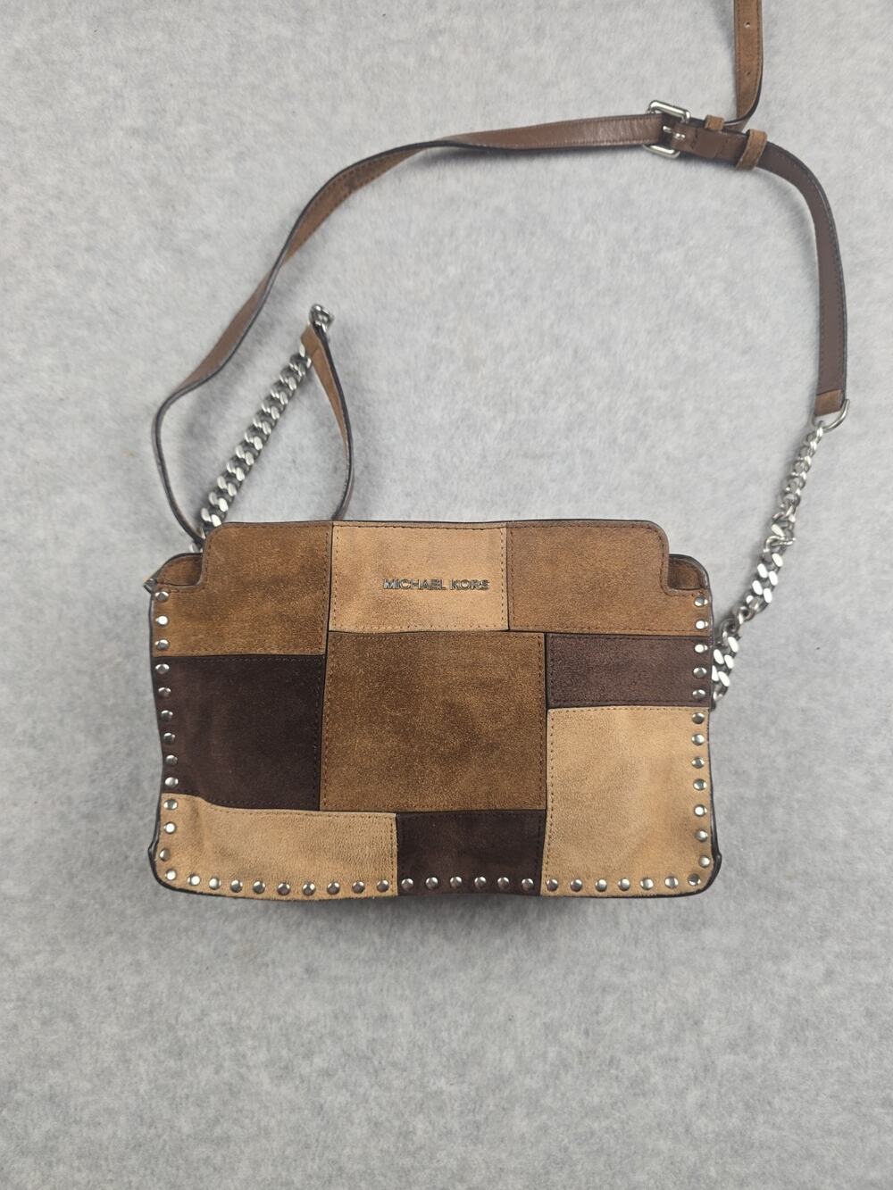 MICHAEL KORS Suede Patchwork Studded Crossbody Bag Brown Tan Silver Chain
